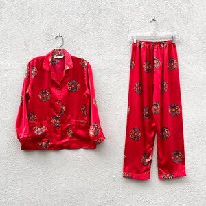 Women's Chinese Shanghai Red Satin Good Fortune Dragon Pajama Set Medium